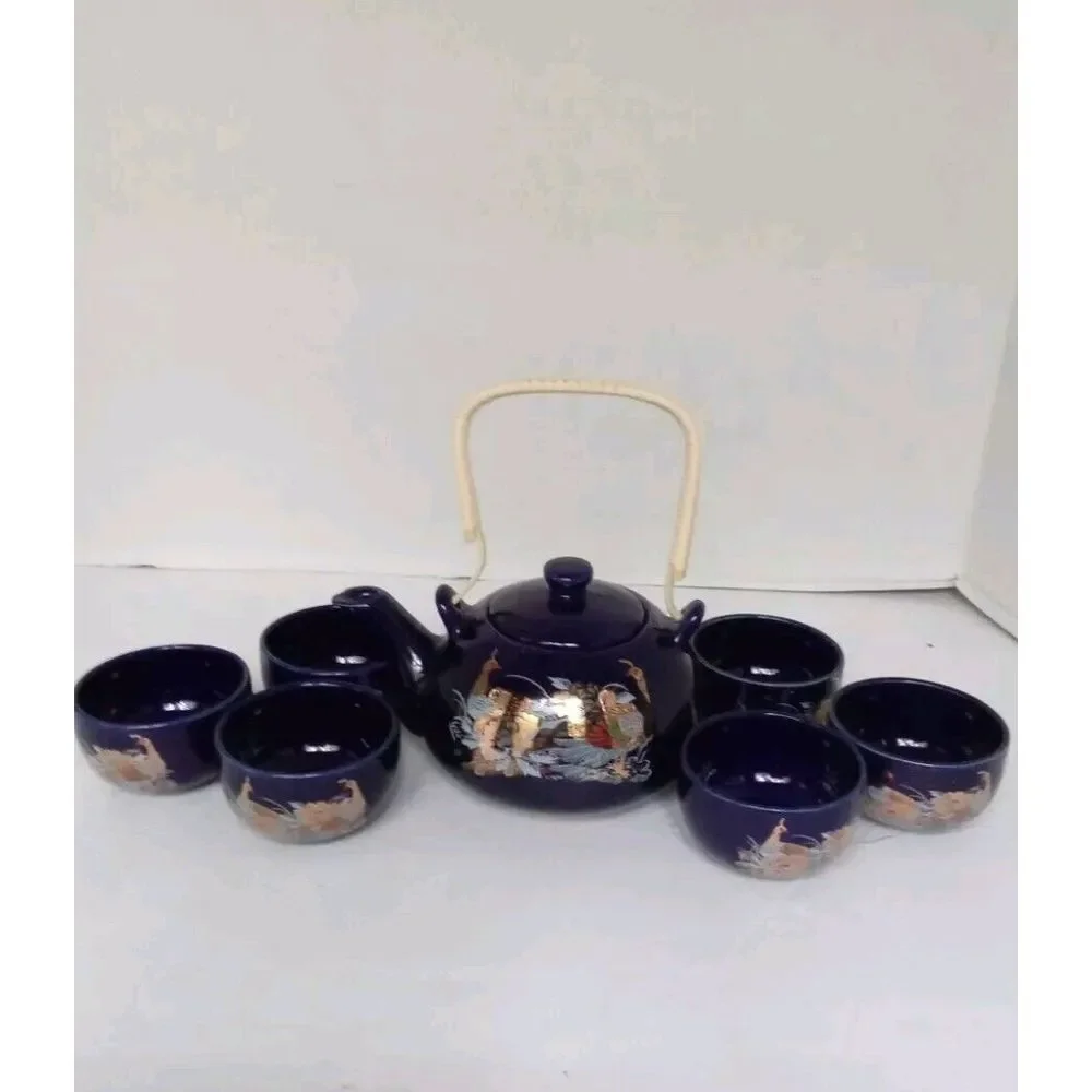 Traditional Japanese Tea Set with Dragon Design - 8 Piece Navy Blue Teapot & Cup